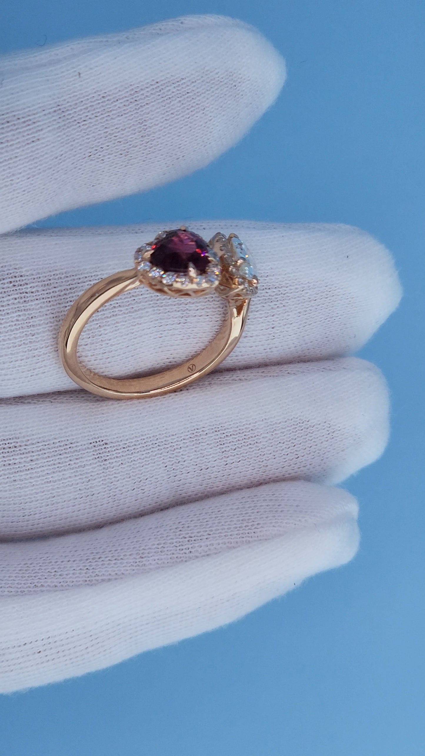 14k Rose Gold Toi et Moi Ring with Pear Diamond and Heart Red Spinel, Halo Design, Natural Diamonds, Unique Engagement or Gift Ring