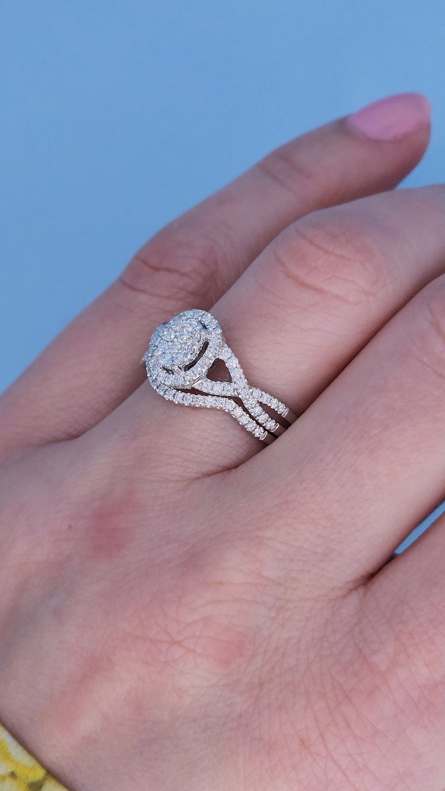 14k White Gold Engagement Ring Set | Oval Cluster with Halo & Infinity Band | 7/8ct Diamond Total Weight, Size 8