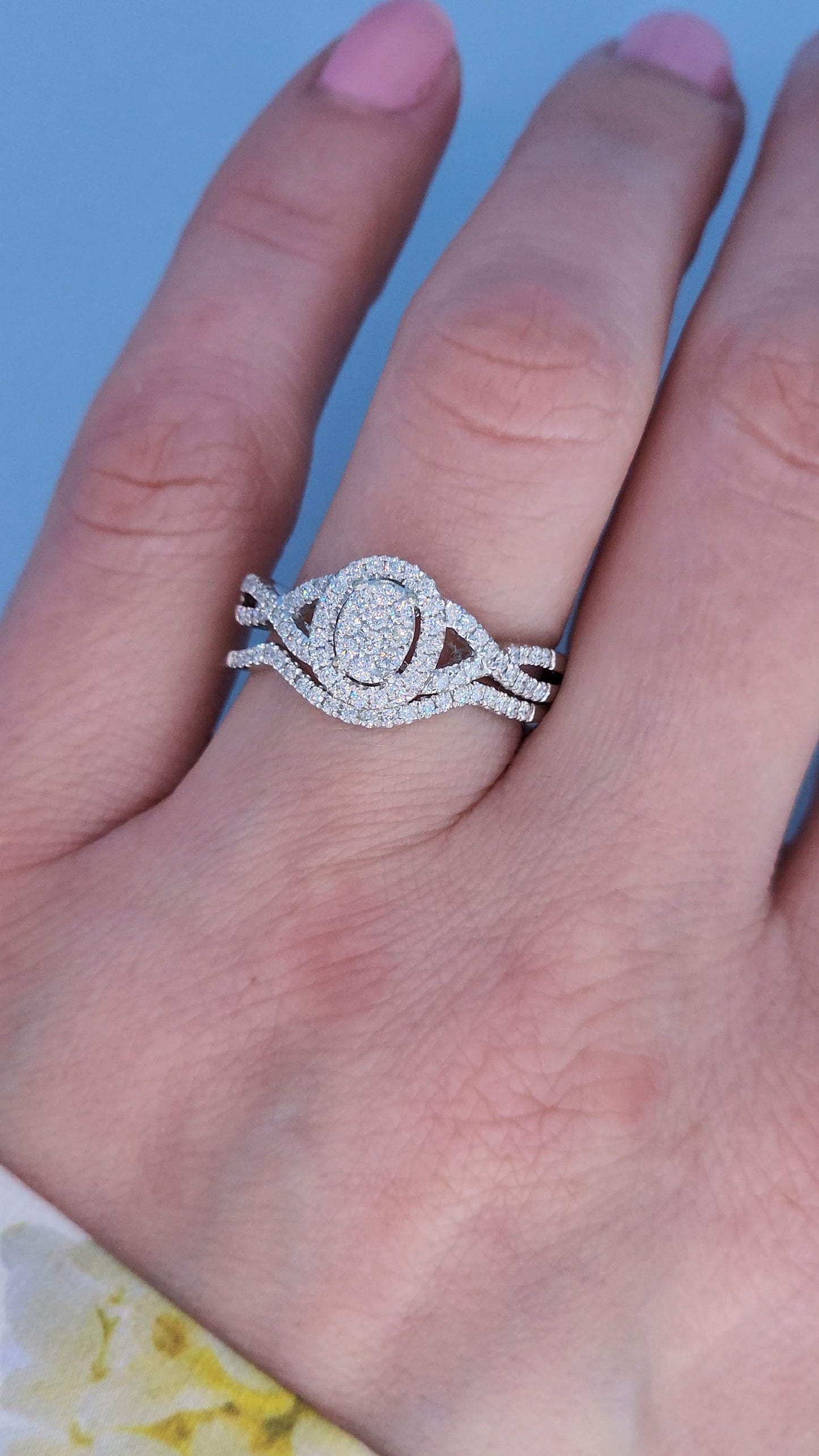 14k White Gold Engagement Ring Set | Oval Cluster with Halo & Infinity Band | 7/8ct Diamond Total Weight, Size 8