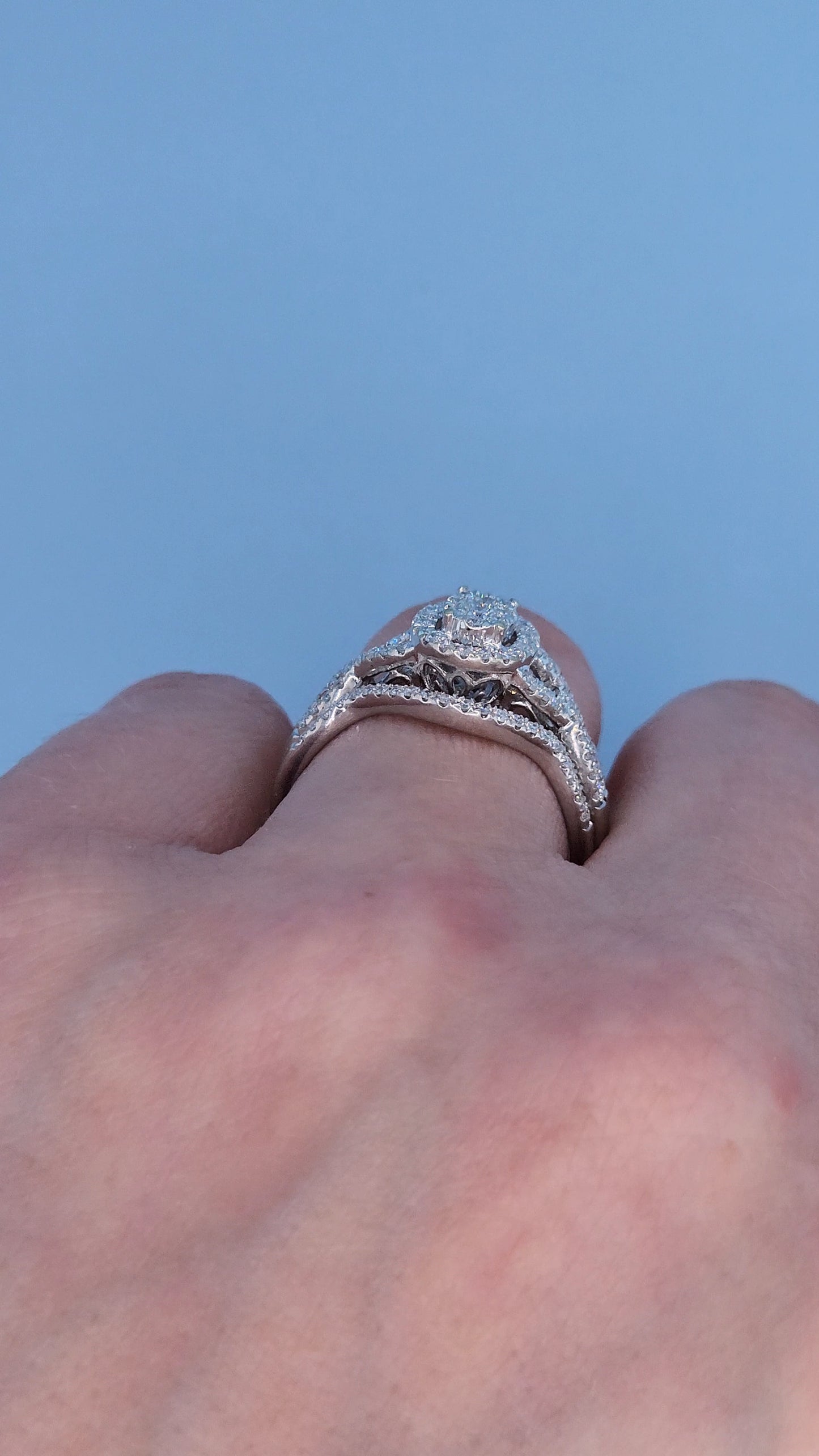 14k White Gold Engagement Ring Set | Oval Cluster with Halo & Infinity Band | 7/8ct Diamond Total Weight, Size 8