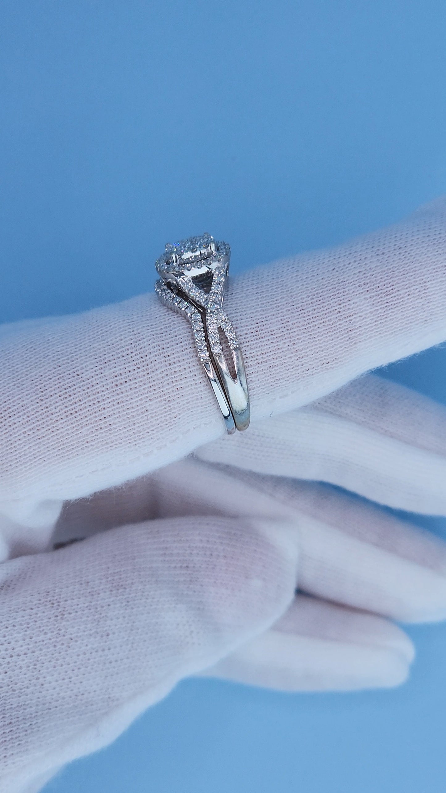 14k White Gold Engagement Ring Set | Oval Cluster with Halo & Infinity Band | 7/8ct Diamond Total Weight, Size 8