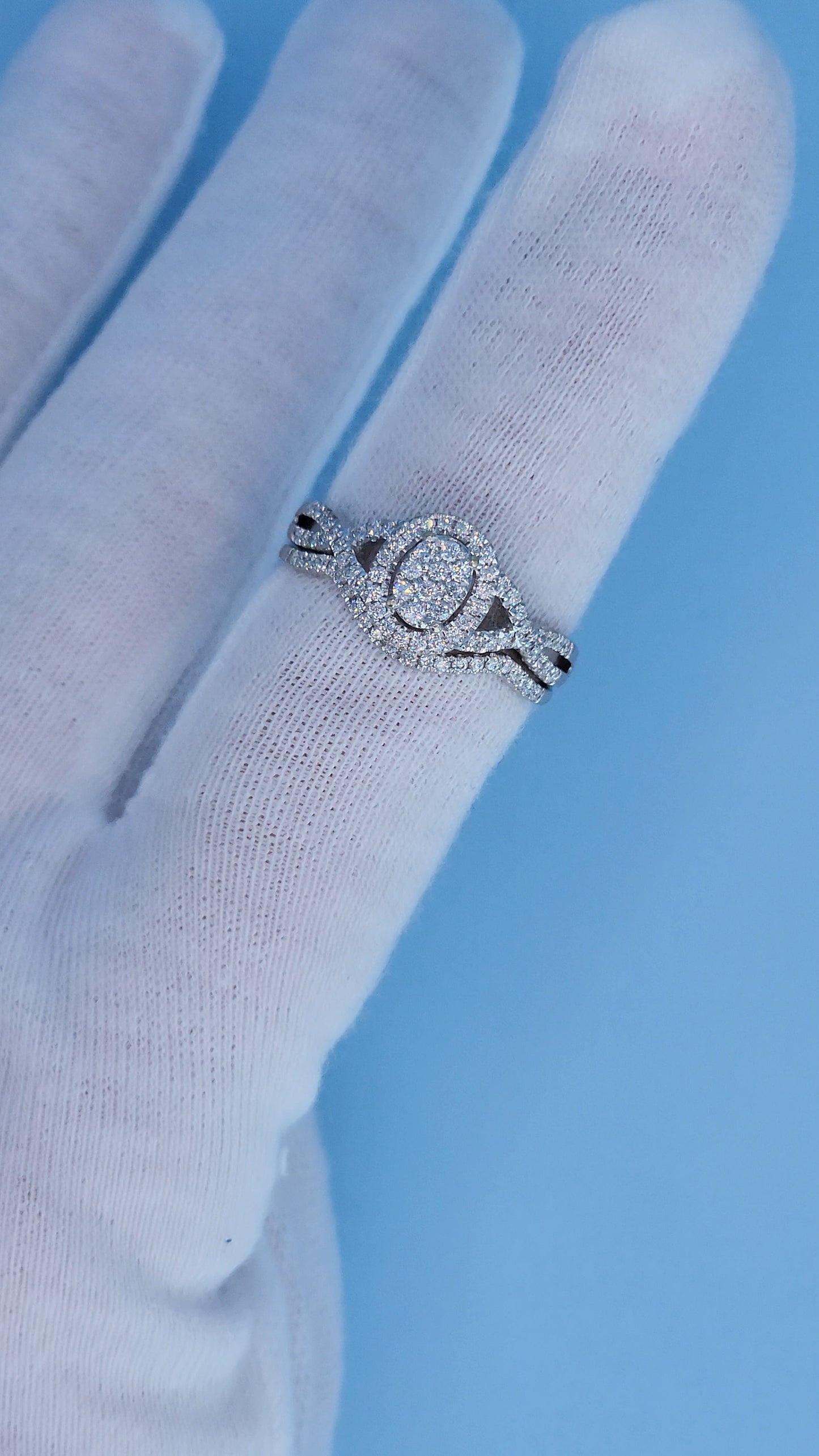 14k White Gold Engagement Ring Set | Oval Cluster with Halo & Infinity Band | 7/8ct Diamond Total Weight, Size 8