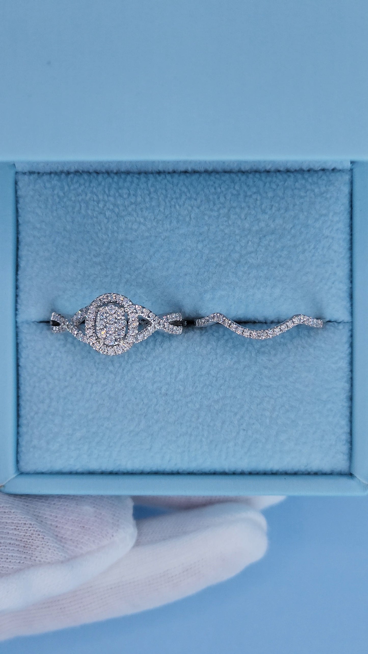 14k White Gold Engagement Ring Set | Oval Cluster with Halo & Infinity Band | 7/8ct Diamond Total Weight, Size 8