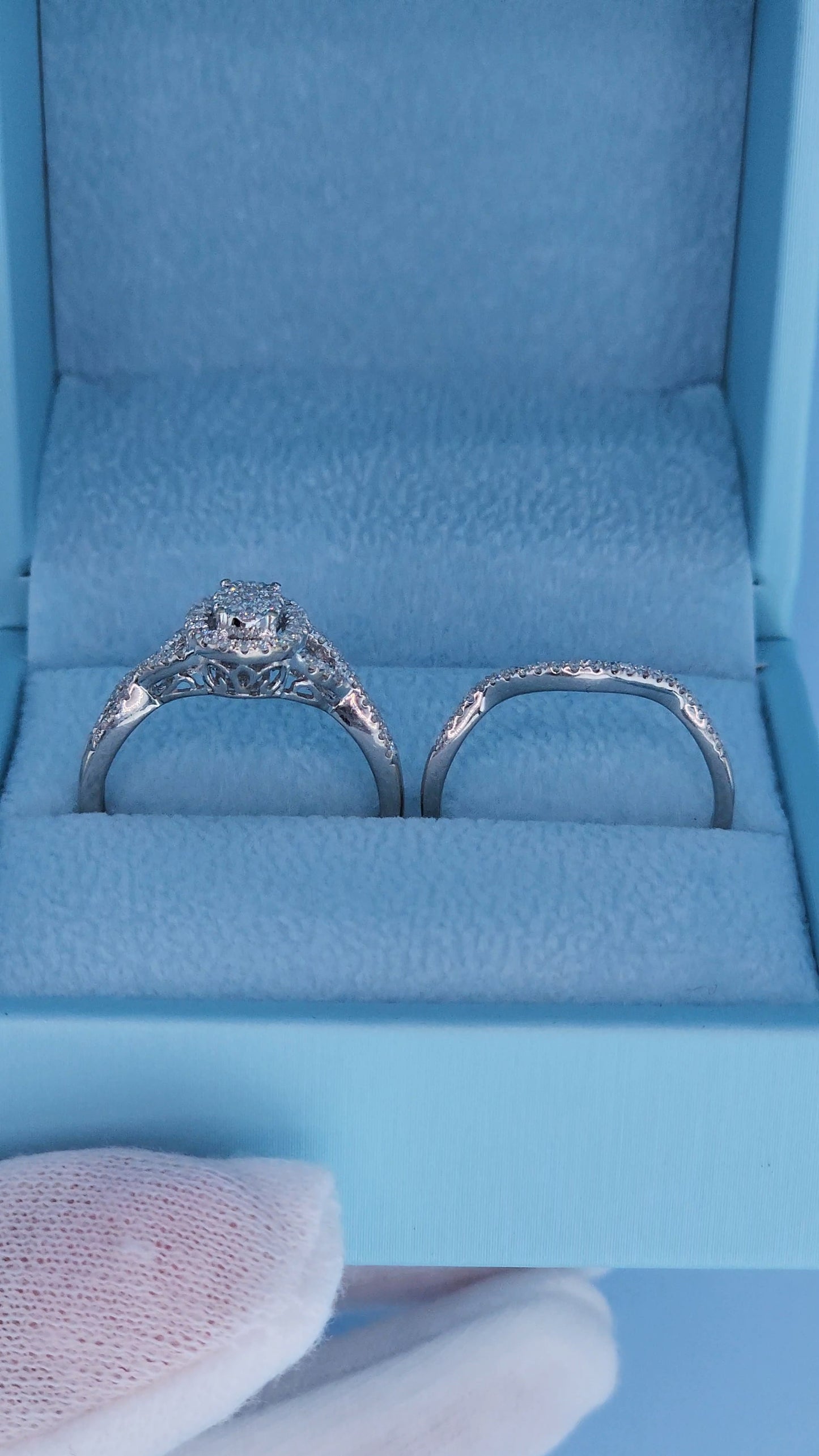 14k White Gold Engagement Ring Set | Oval Cluster with Halo & Infinity Band | 7/8ct Diamond Total Weight, Size 8