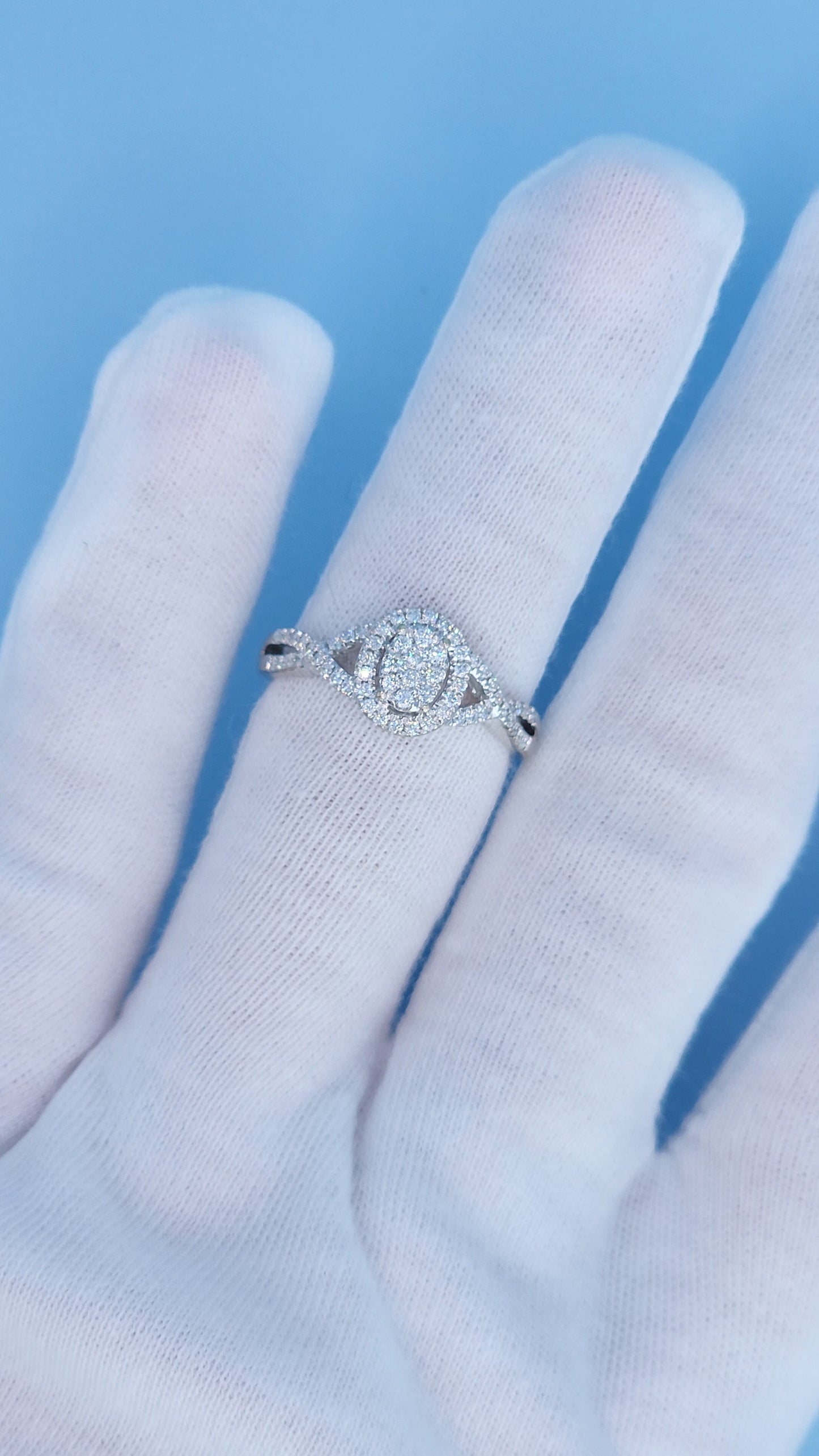 14k White Gold Engagement Ring Set | Oval Cluster with Halo & Infinity Band | 7/8ct Diamond Total Weight, Size 8