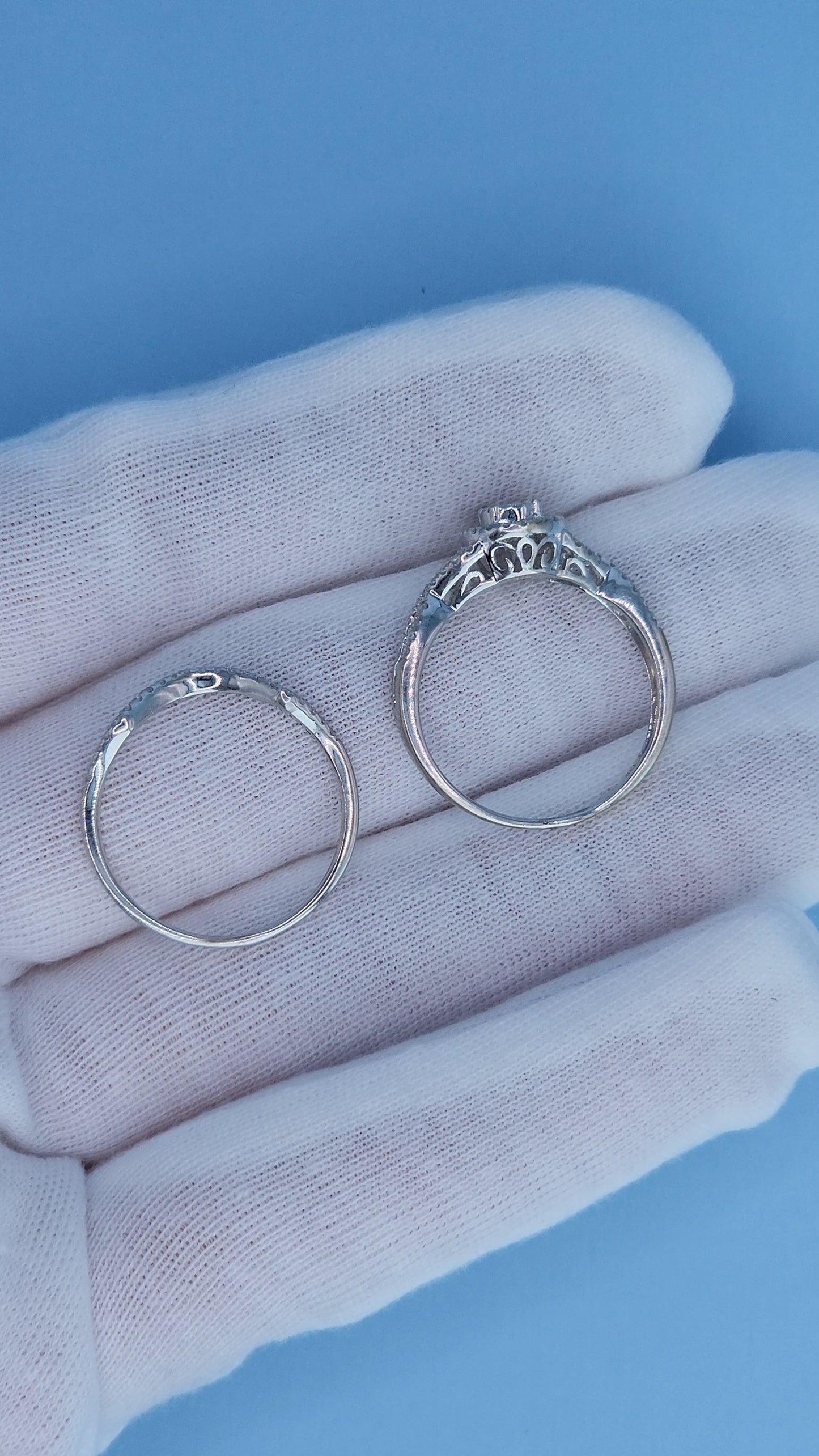 14k White Gold Engagement Ring Set | Oval Cluster with Halo & Infinity Band | 7/8ct Diamond Total Weight, Size 8