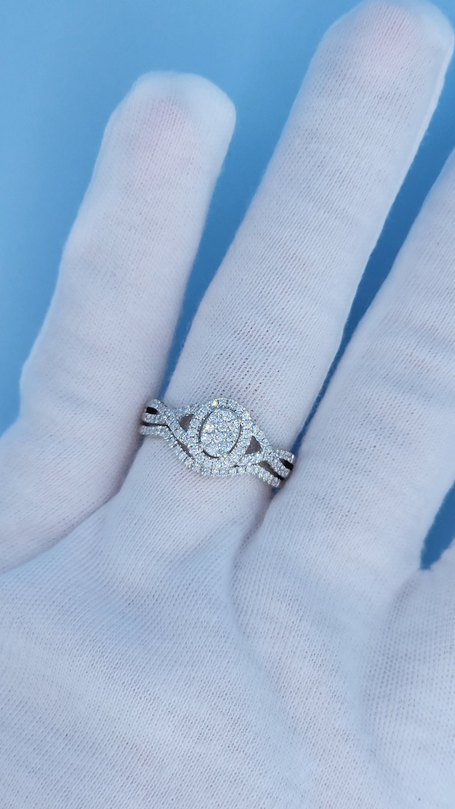 14k White Gold Engagement Ring Set | Oval Cluster with Halo & Infinity Band | 7/8ct Diamond Total Weight, Size 8