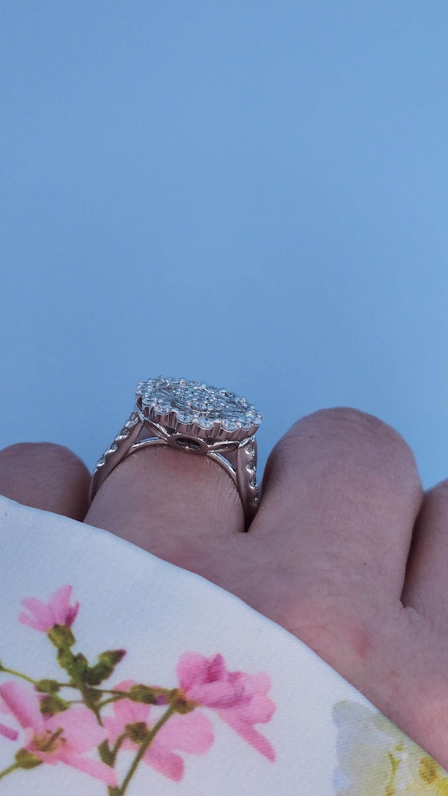 14k White Gold Diamond Cluster Flower Ring | 1.25ct Total, Round & Baguette Diamonds, Size 5.5