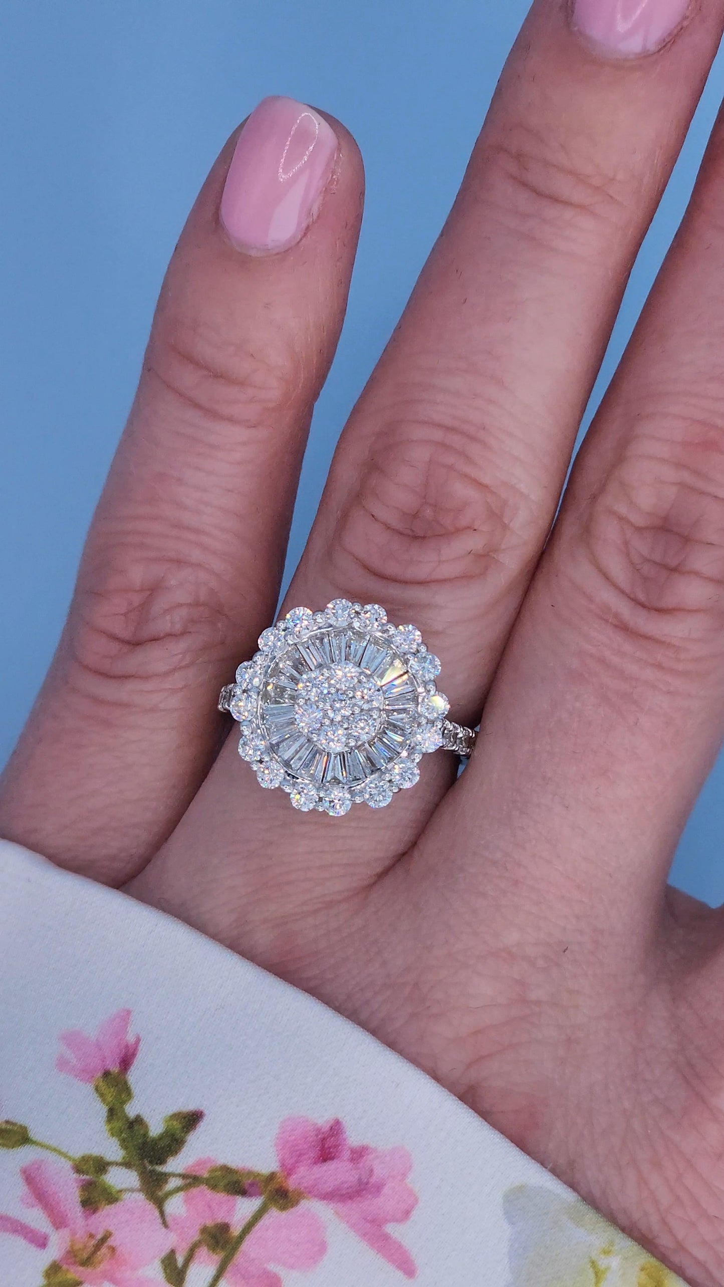 14k White Gold Diamond Cluster Flower Ring | 1.25ct Total, Round & Baguette Diamonds, Size 5.5