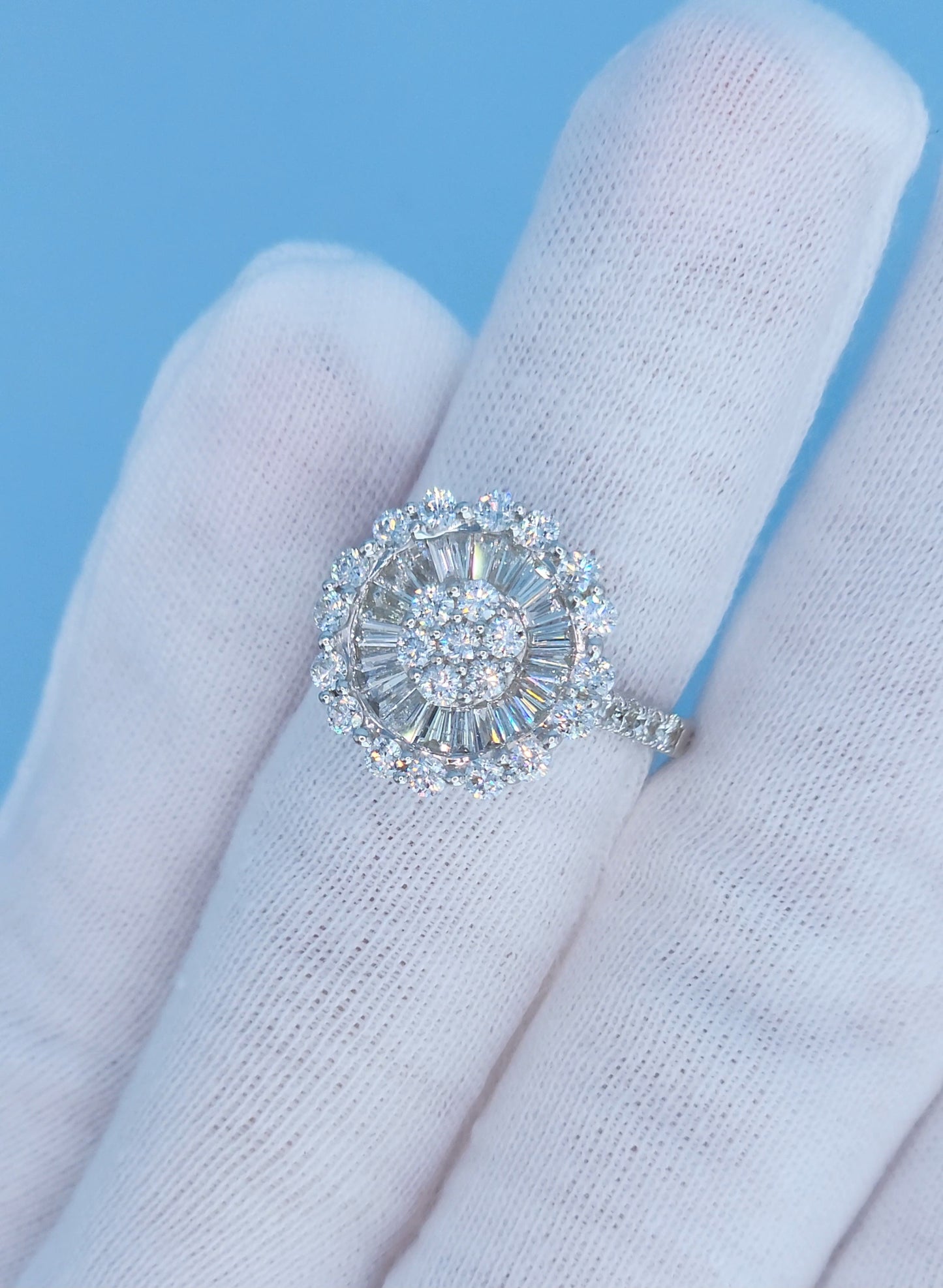 14k White Gold Diamond Cluster Flower Ring | 1.25ct Total, Round & Baguette Diamonds, Size 5.5
