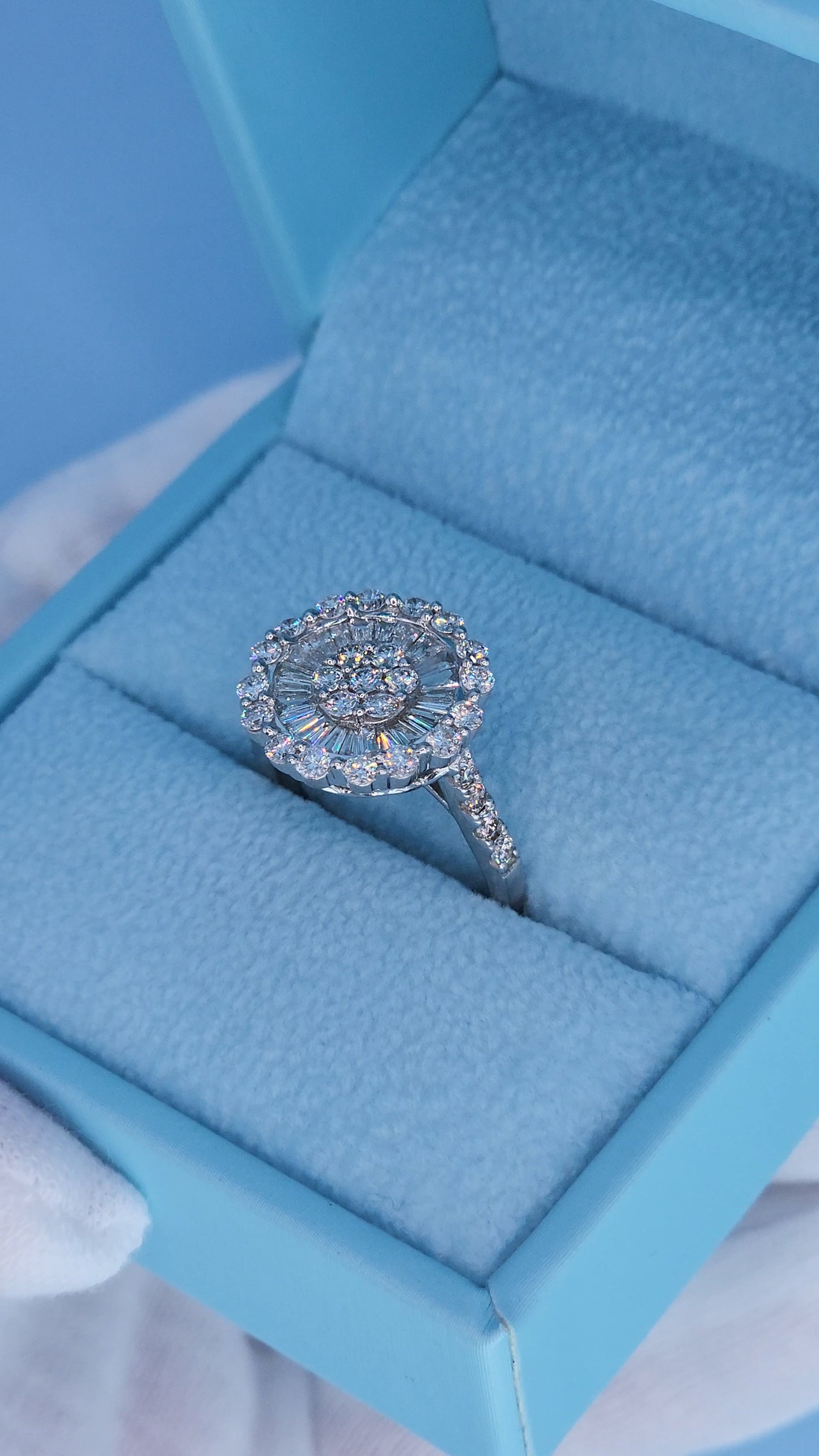 14k White Gold Diamond Cluster Flower Ring | 1.25ct Total, Round & Baguette Diamonds, Size 5.5