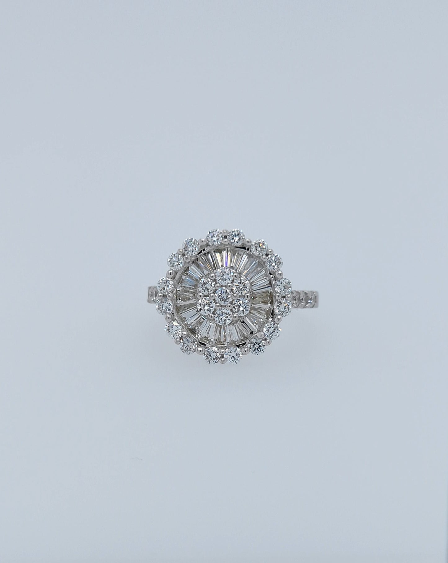 14k White Gold Diamond Cluster Flower Ring | 1.25ct Total, Round & Baguette Diamonds, Size 5.5