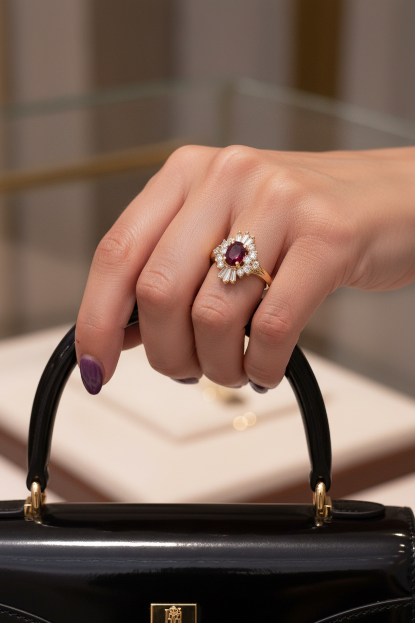 14K Yellow Gold Ruby Ballerina Ring 1.26 CT Oval Deep Red Ruby with 0.90 CTW Baguette & Round Diamonds