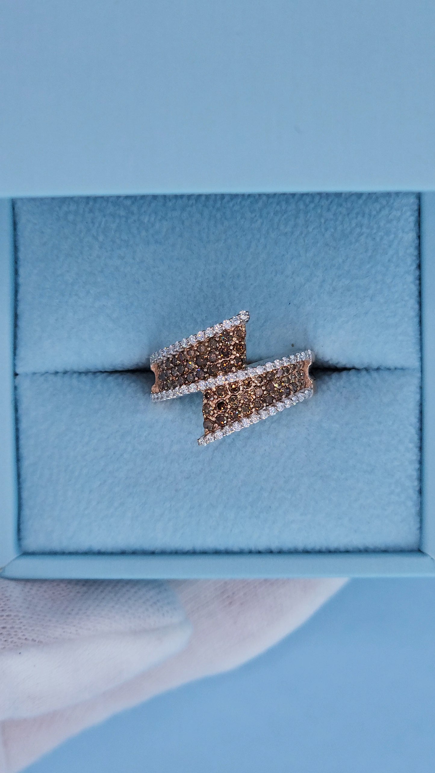 14k Rose Gold Bypass Ring with Cognac and White Diamonds in the box front