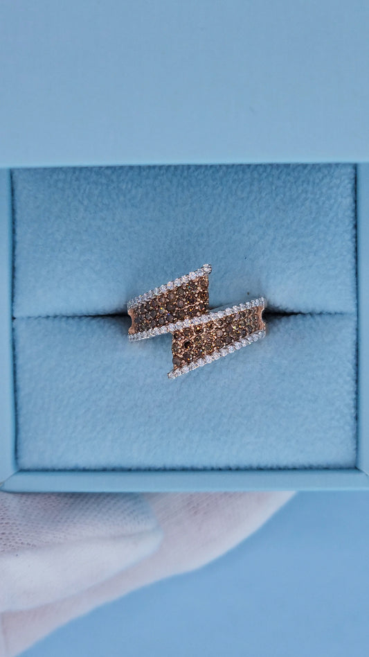 14k Rose Gold Bypass Ring with Cognac and White Diamonds in the box front