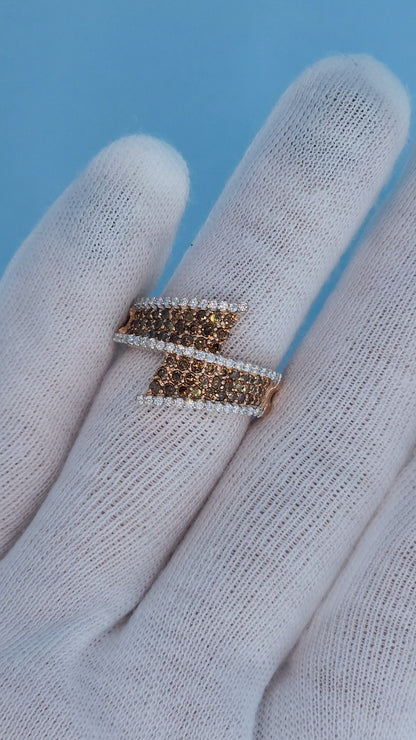 14k Rose Gold Bypass Ring with Cognac and White Diamonds on the Hand in White Golve