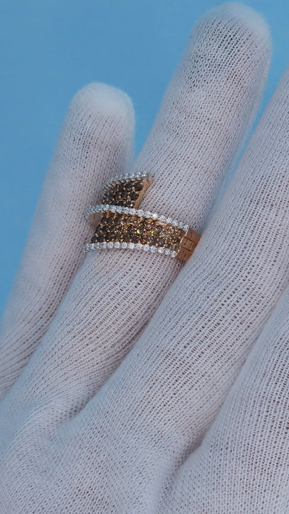 14k Rose Gold Bypass Ring with Cognac and White Diamonds on the Hand in White Glove from the Side