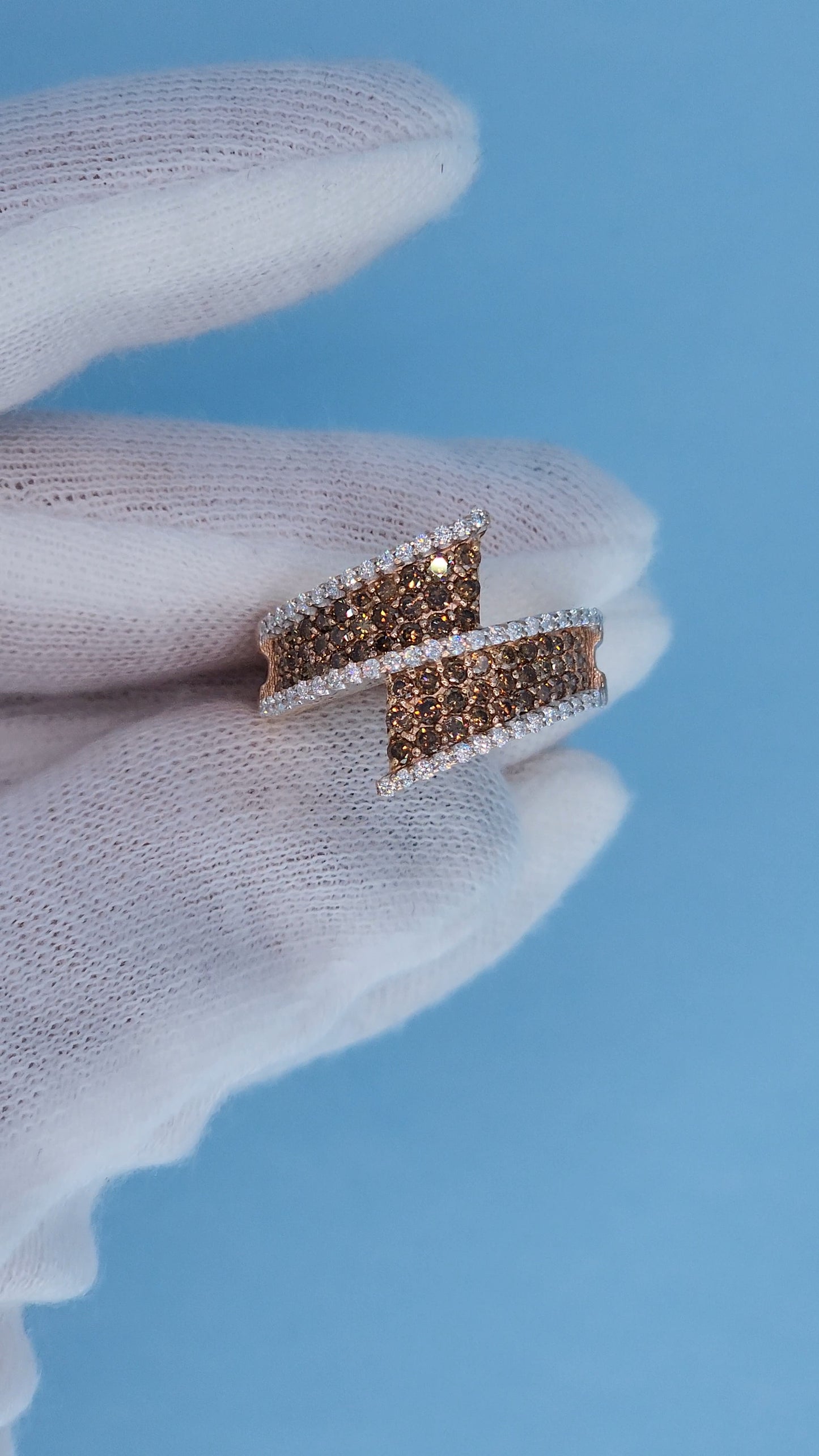 14k Rose Gold Bypass Ring with Cognac and White Diamonds in the Hand