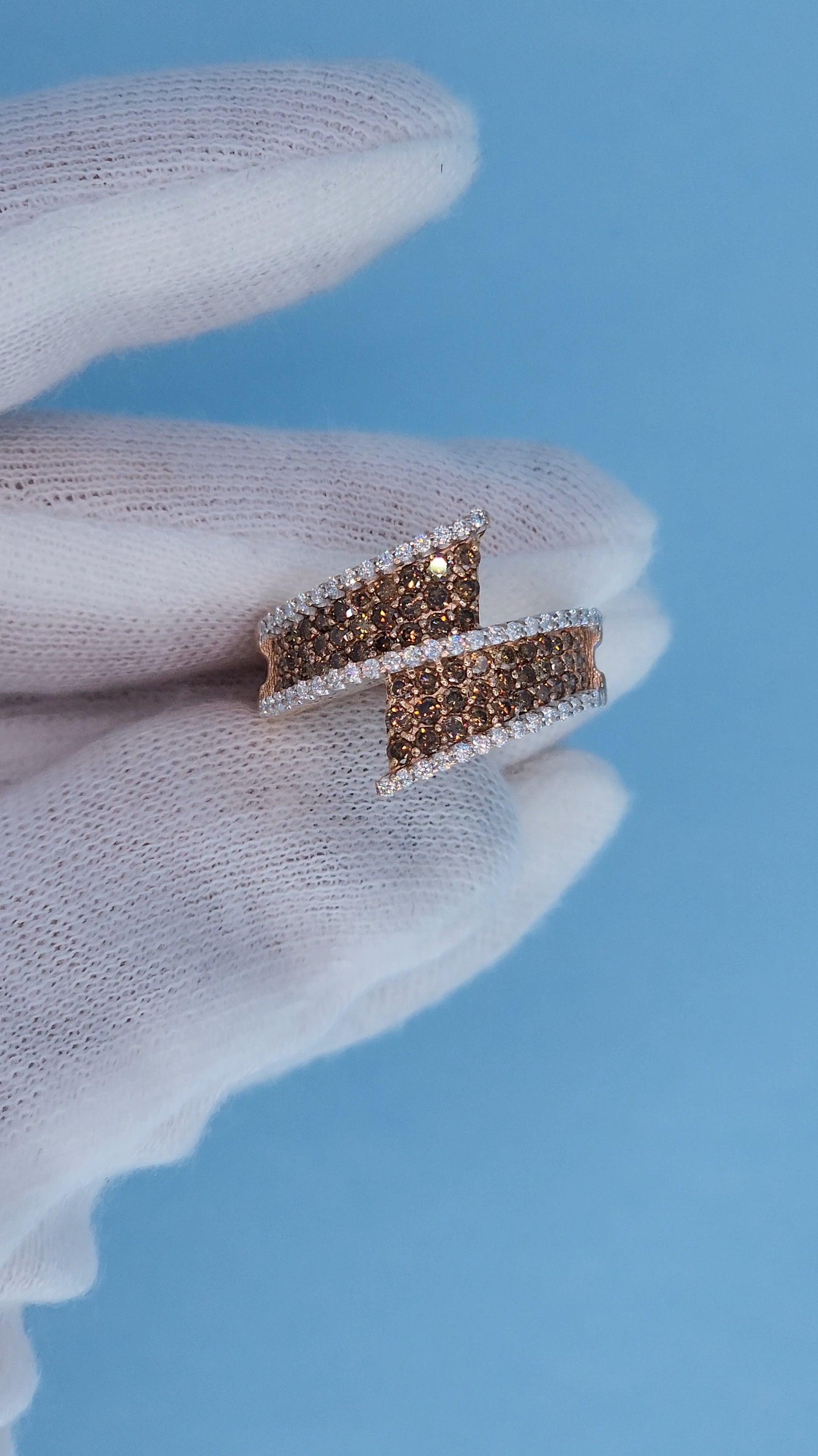 14k Rose Gold Bypass Ring with Cognac and White Diamonds in the Hand