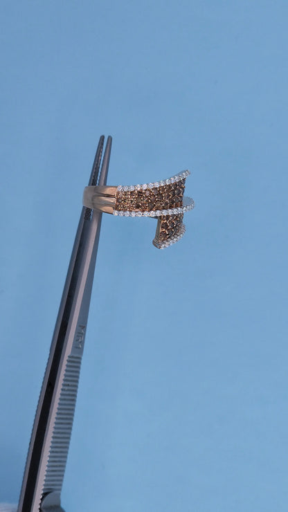 14k Rose Gold Bypass Ring with Cognac and White Diamonds in Tweezer from the Side 