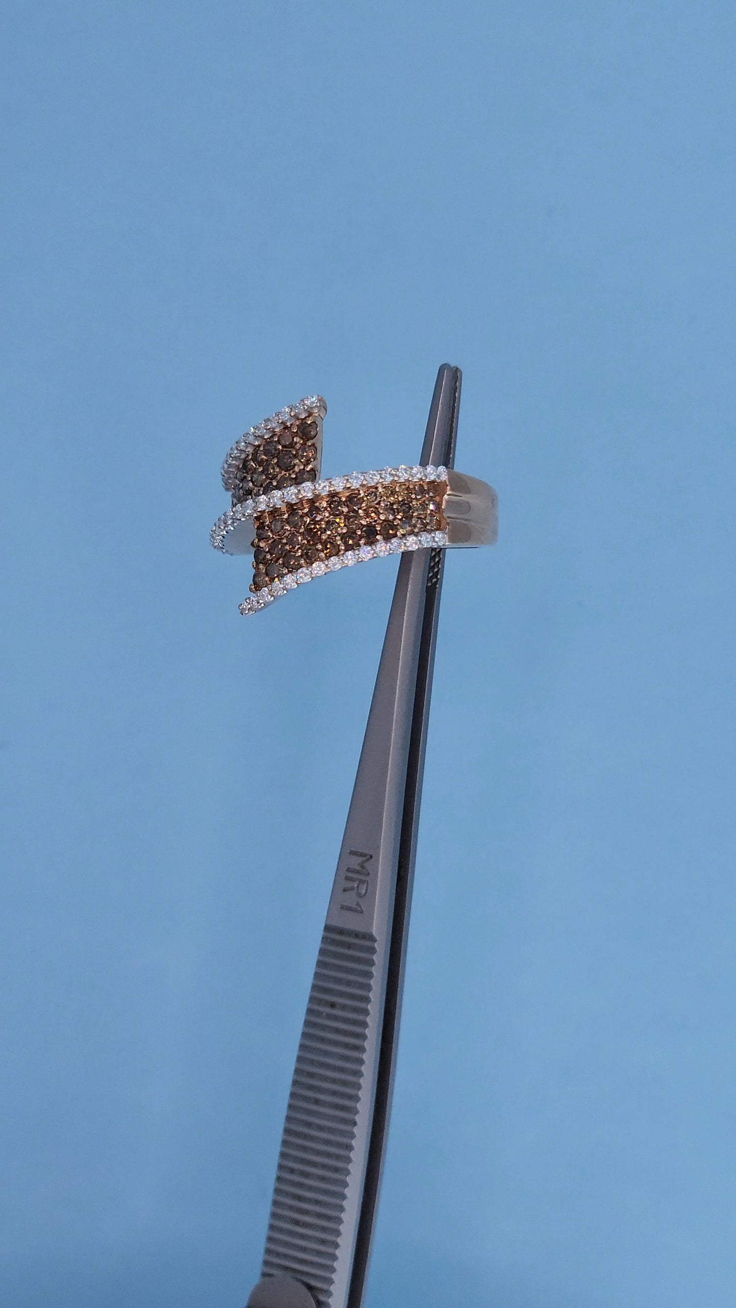 14k Rose Gold Bypass Ring with Cognac and White Diamonds Side View in Tweezer