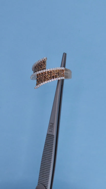 14k Rose Gold Bypass Ring with Cognac and White Diamonds Side View in Tweezer