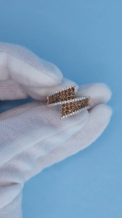 14k Rose Gold Bypass Ring with Cognac and White Diamonds Front View in the Hand