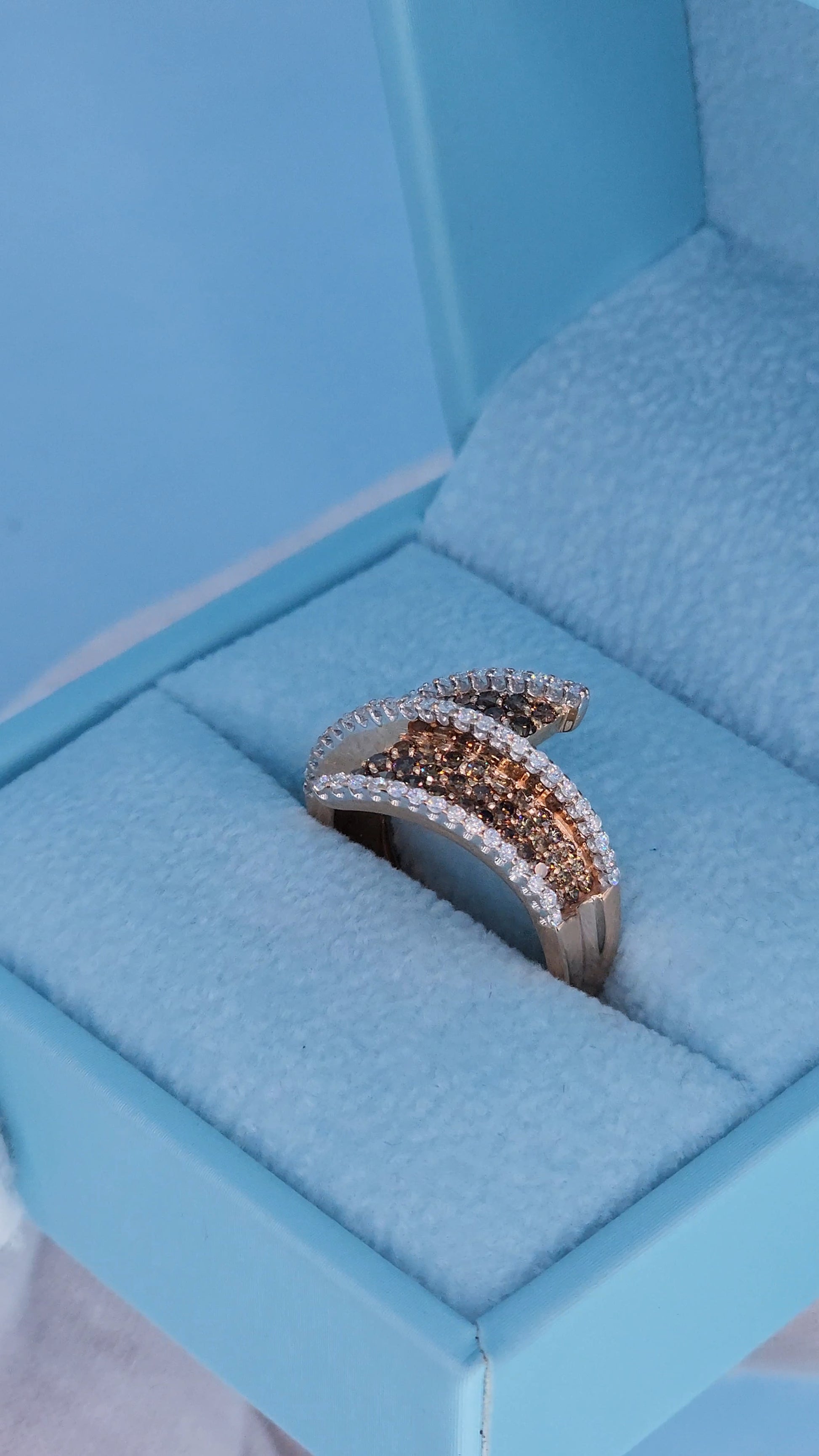 14k Rose Gold Bypass Ring with Cognac and White Diamonds in the box side