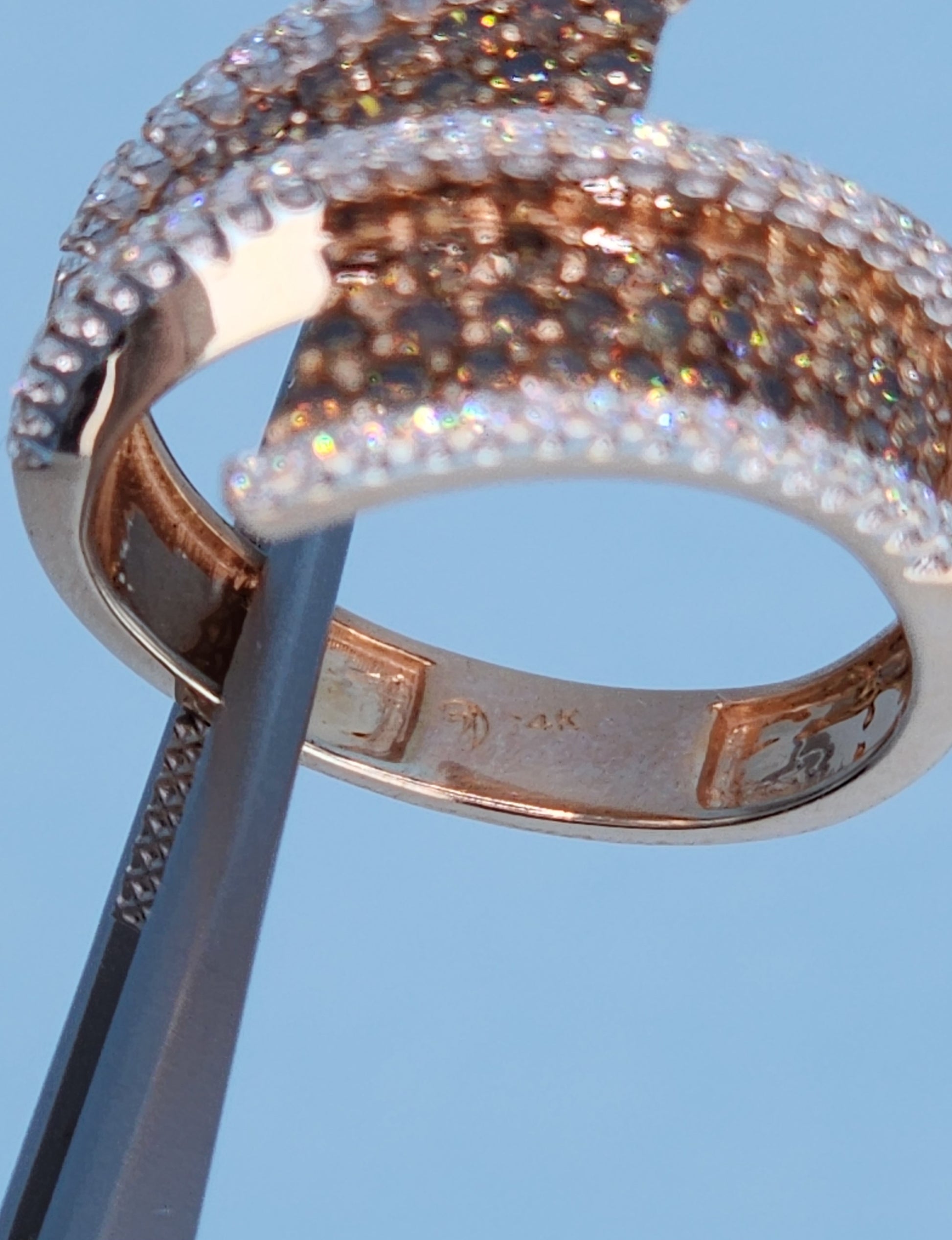 14k Rose Gold Bypass Ring with Cognac and White Diamonds Picture of the Stamp