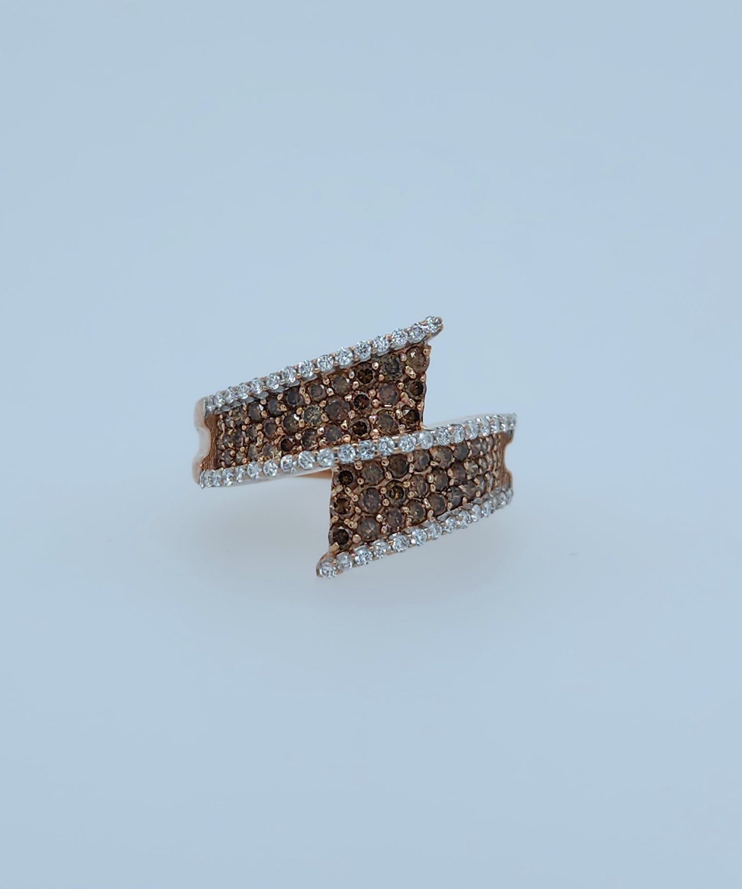 14k Rose Gold Bypass Ring with Cognac and White Diamonds on White Background