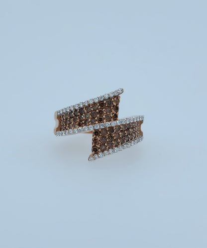 14k Rose Gold Bypass Ring with Cognac and White Diamonds on White Background