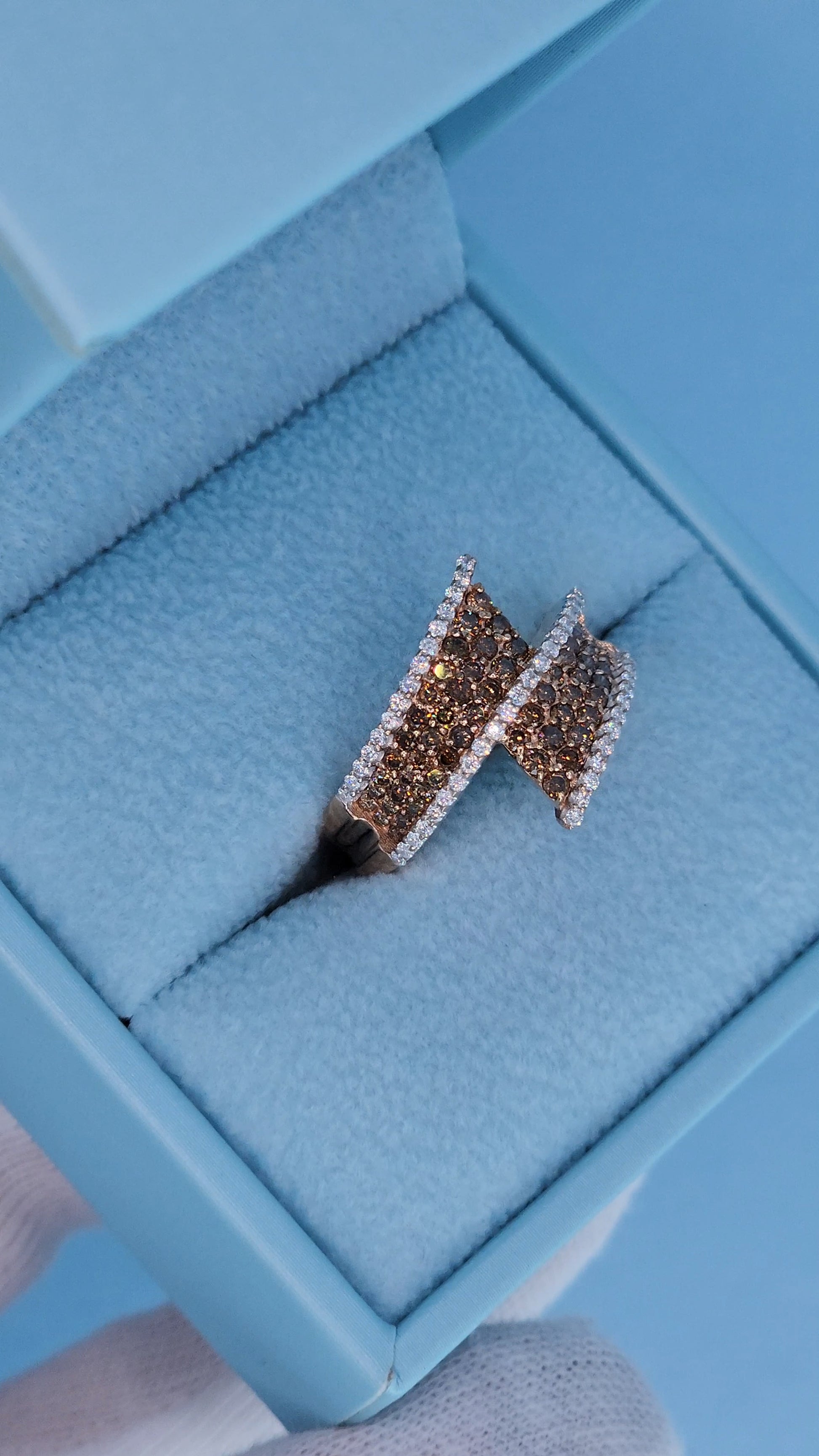 14k Rose Gold Bypass Ring with Cognac and White Diamonds in the box other side