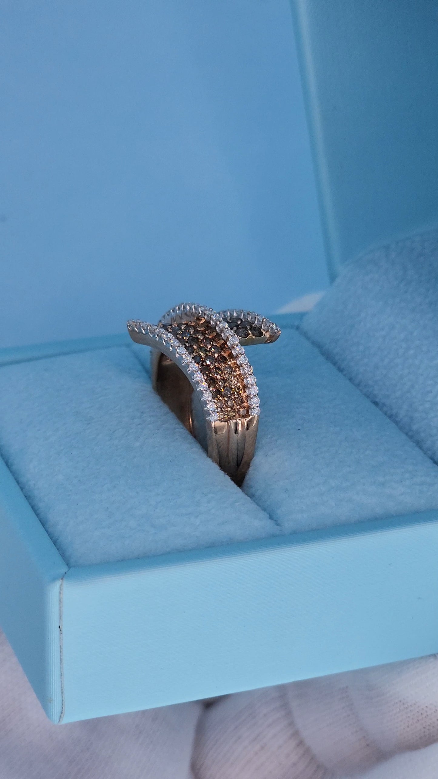 14k Rose Gold Bypass Ring with Cognac and White Diamonds in the box left side