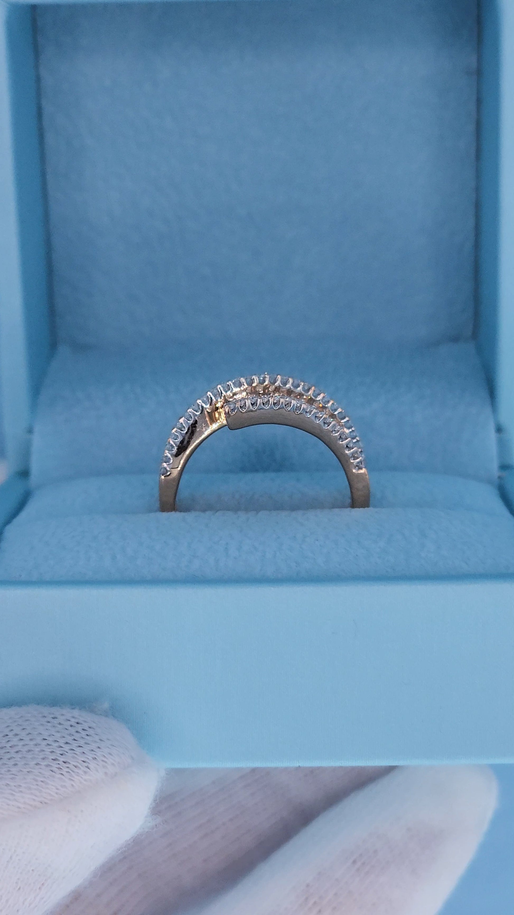 14k Rose Gold Bypass Ring with Cognac and White Diamonds in the box front side view