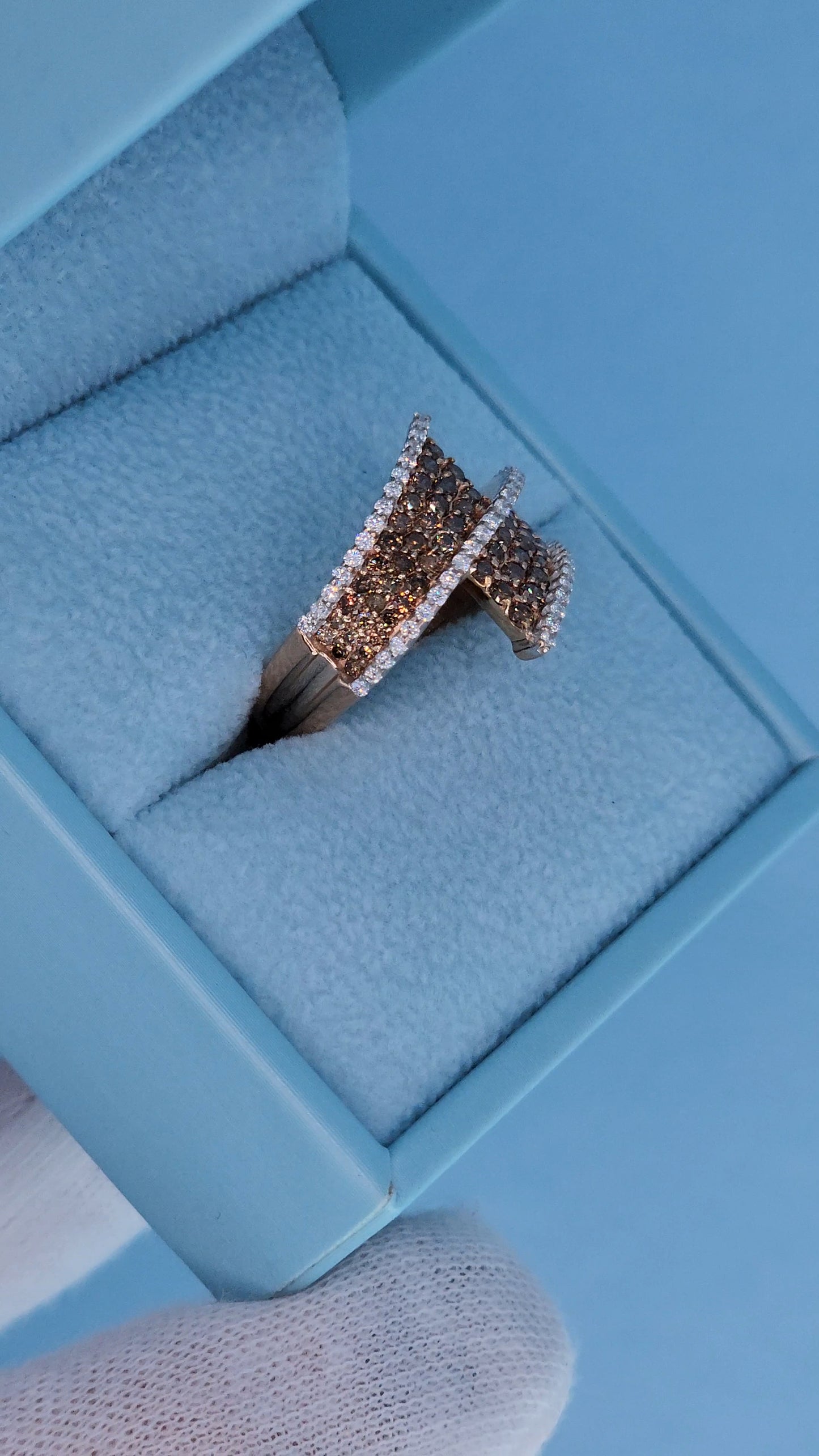 14k Rose Gold Bypass Ring with Cognac and White Diamonds in the box right side view