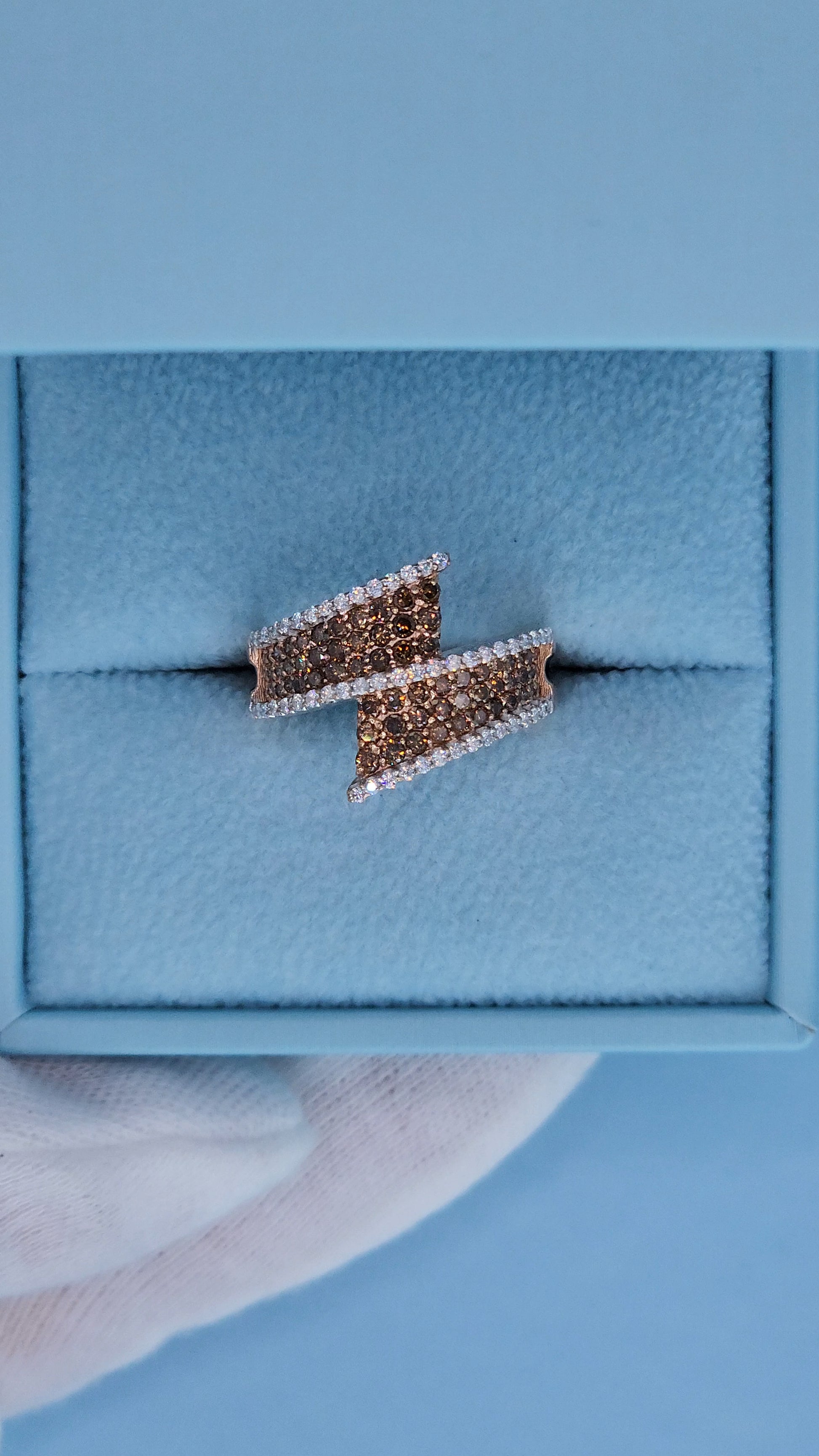 14k Rose Gold Bypass Ring with Cognac and White Diamonds in the box from the top