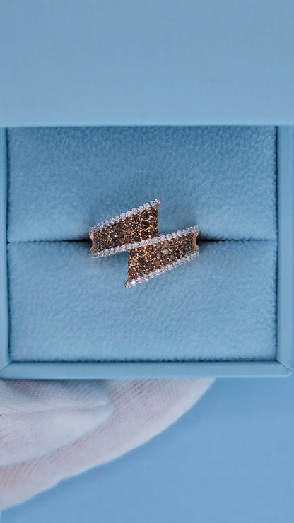 14k Rose Gold Bypass Ring with Cognac and White Diamonds in the box from the top