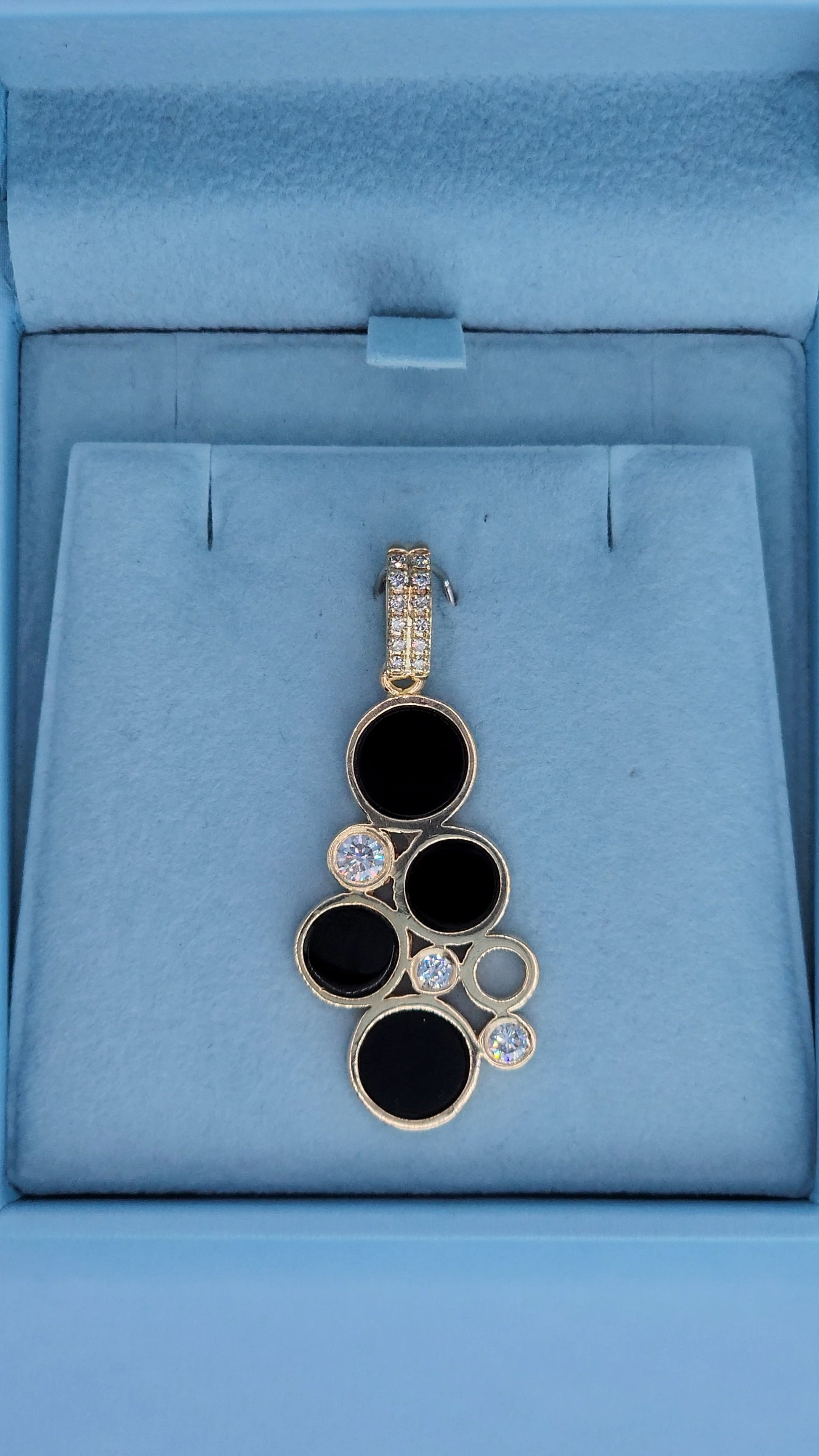 14k Yellow Gold Bubble Pendant with Black Onyx and Diamond Accents Front