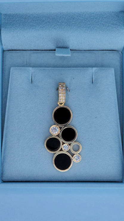 14k Yellow Gold Bubble Pendant with Black Onyx and Diamond Accents Front
