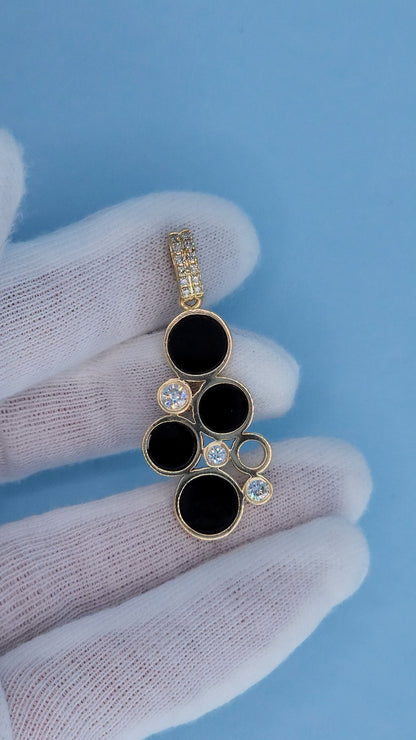 14k Yellow Gold Bubble Pendant with Black Onyx and Diamond Accents Front