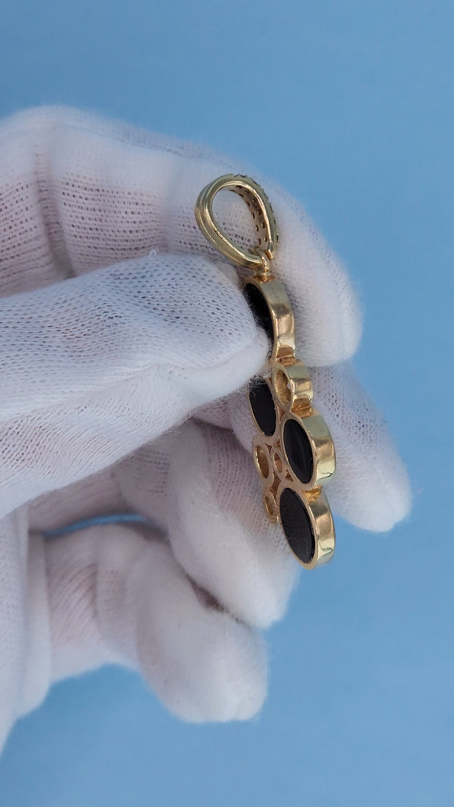 14k Yellow Gold Bubble Pendant with Black Onyx and Diamond Accents Side Back
