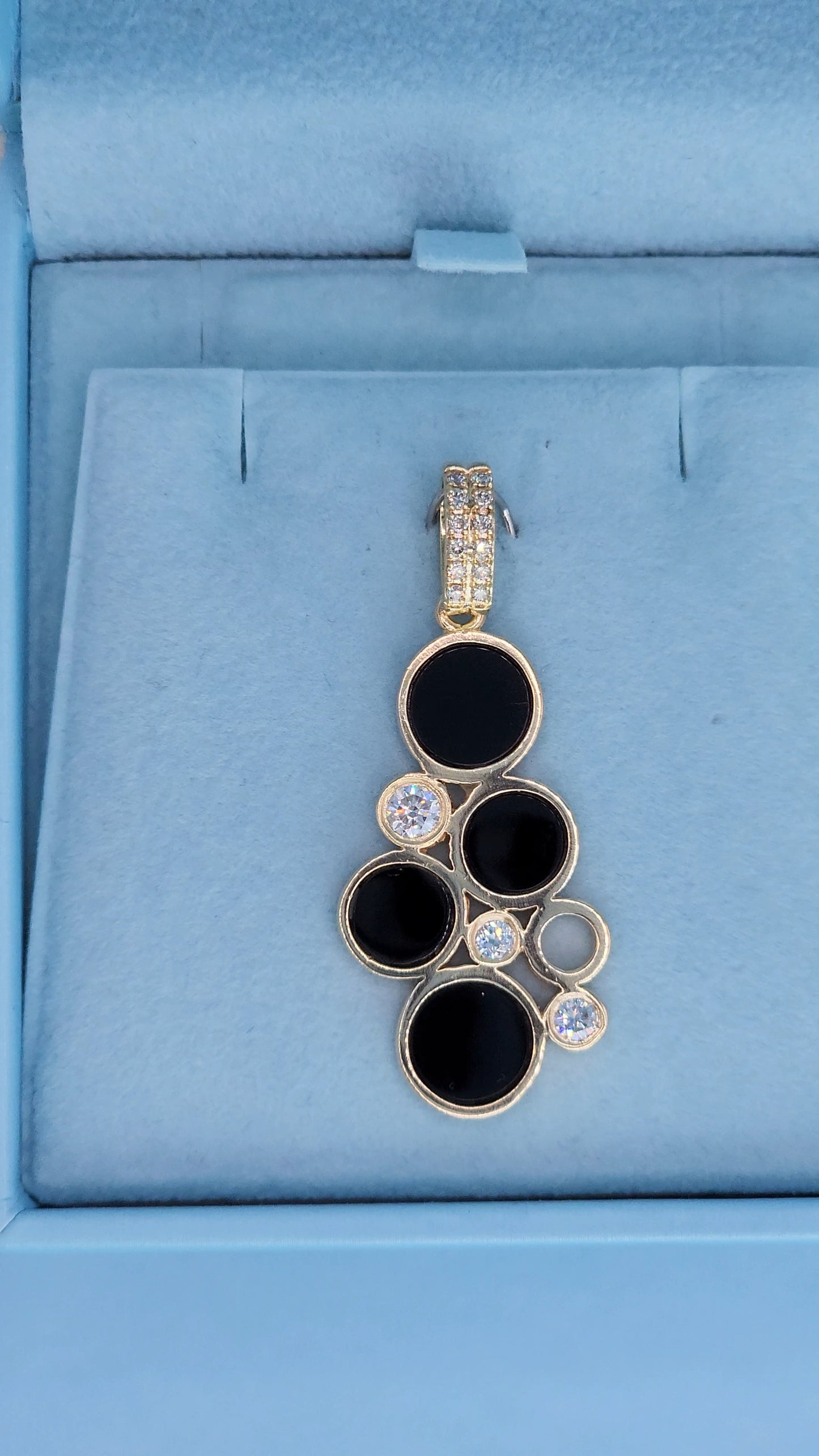 14k Yellow Gold Bubble Pendant with Black Onyx and Diamond Accents Front in the Box
