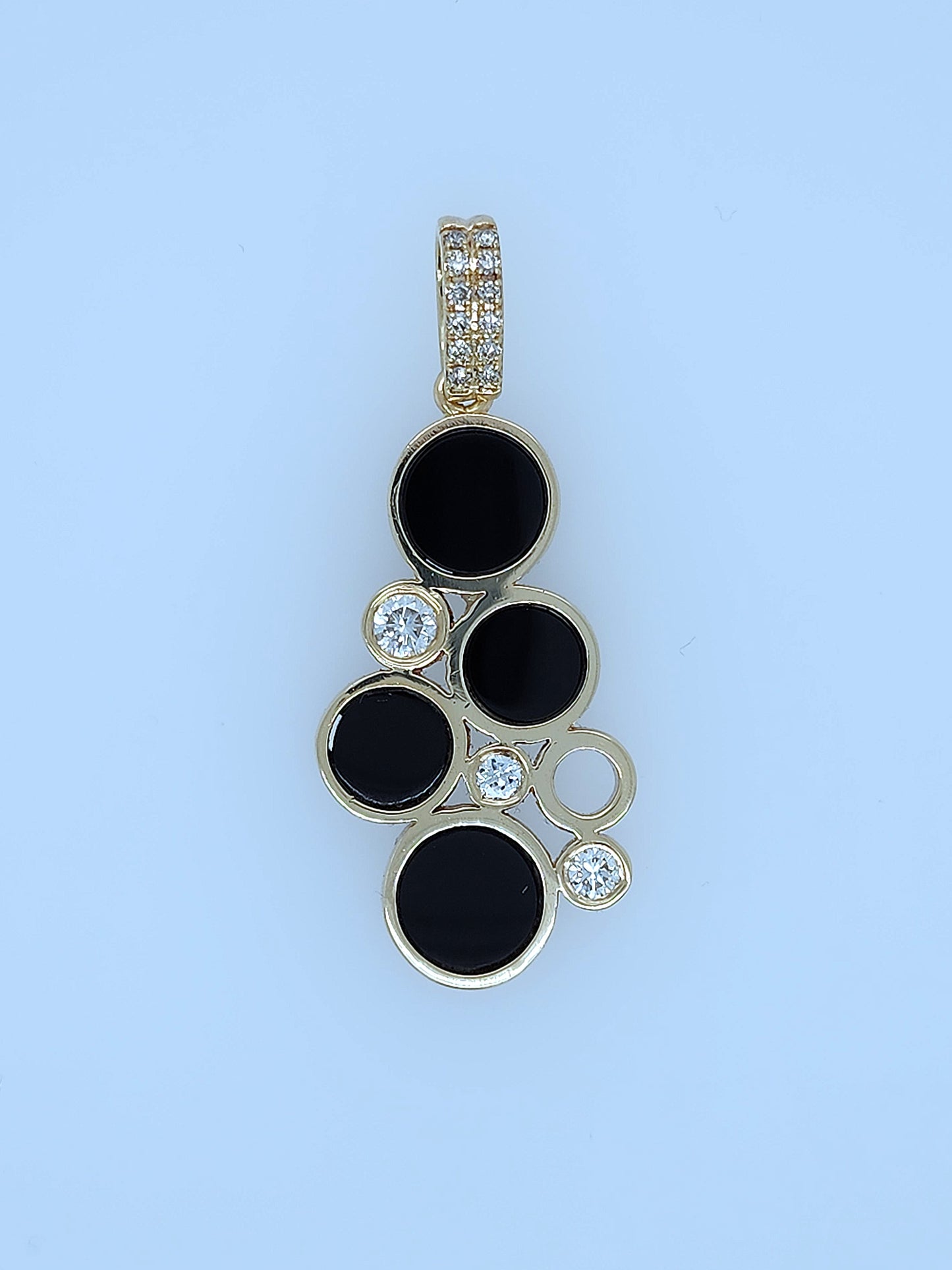 14k Yellow Gold Bubble Pendant with Black Onyx and Diamond Accents Front 