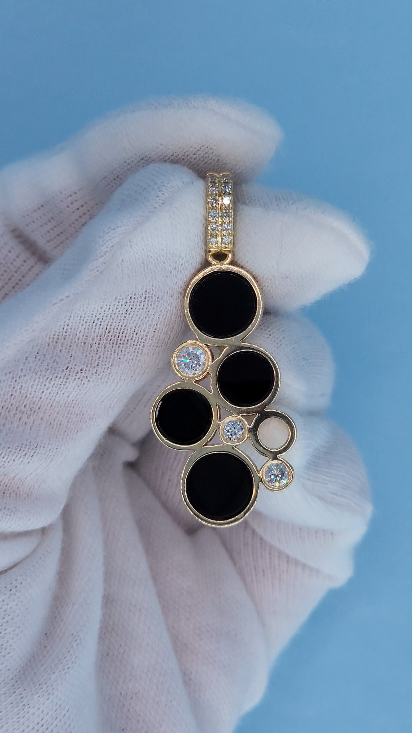 14k Yellow Gold Bubble Pendant with Black Onyx and Diamond Accents Front View