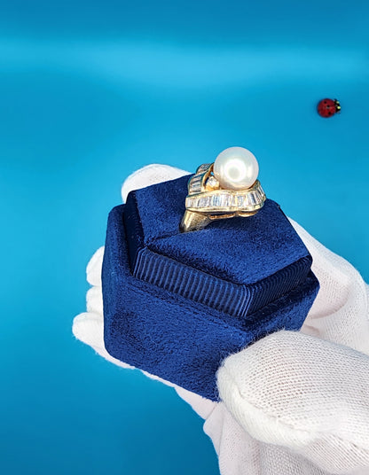 White Pearl and Diamond Ring in 14k Yellow Gold