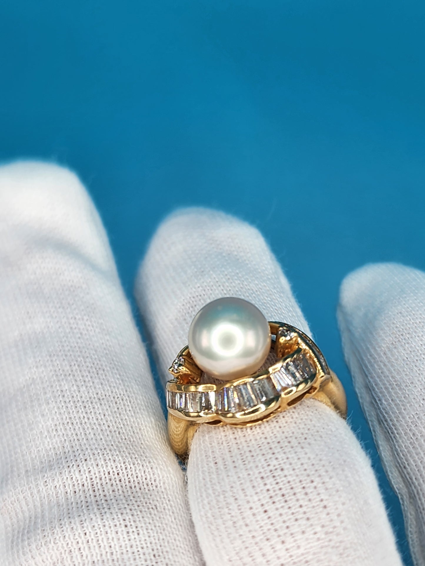 White Pearl and Diamond Ring in 14k Yellow Gold