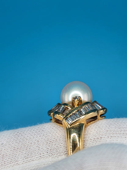 White Pearl and Diamond Ring in 14k Yellow Gold
