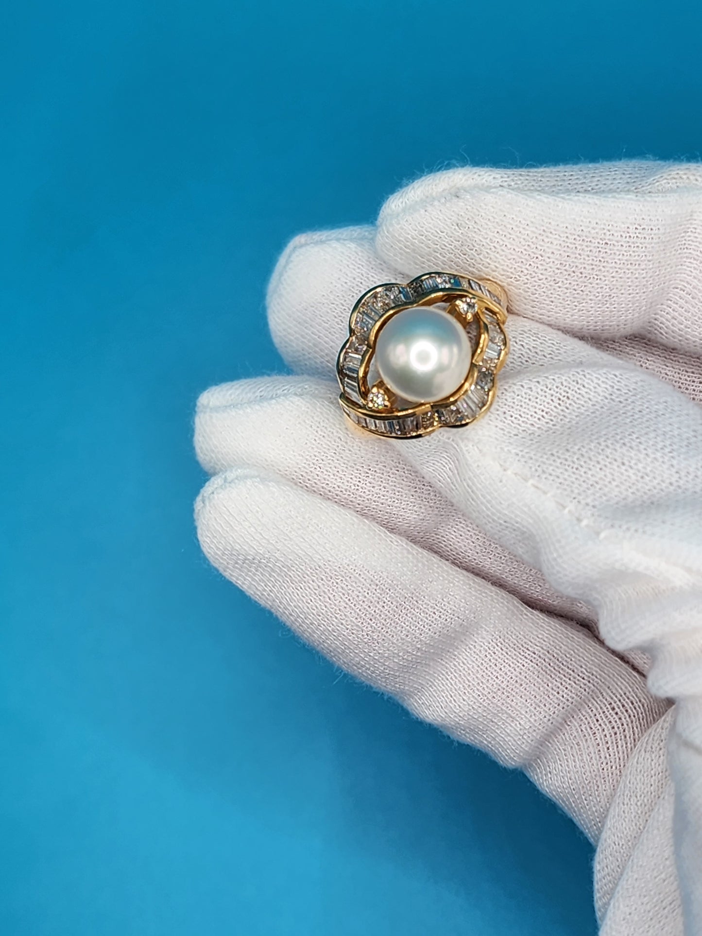 White Pearl and Diamond Ring in 14k Yellow Gold