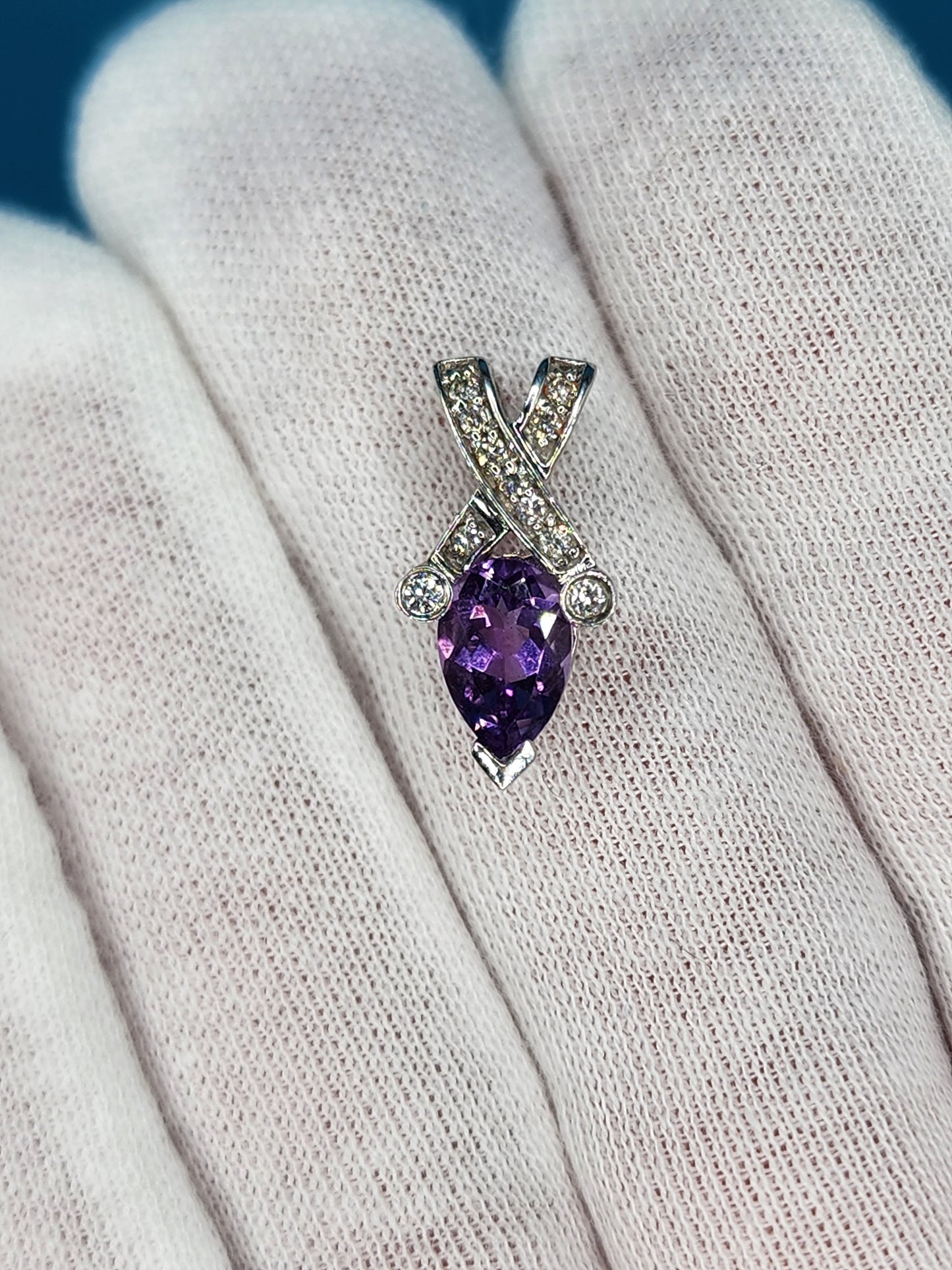 Pear Amethyst and Diamond Pendant in 14k White Gold