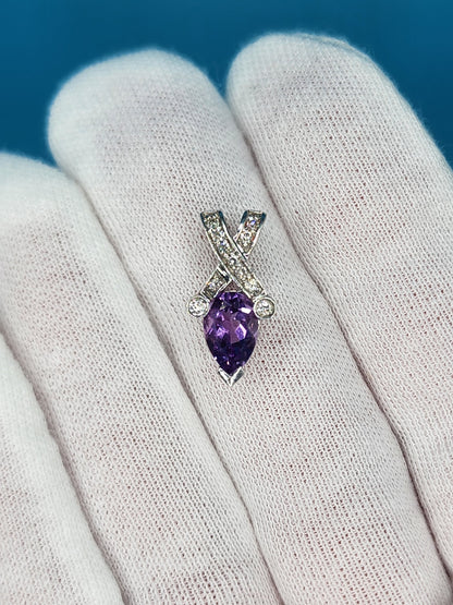 Pear Amethyst and Diamond Pendant in 14k White Gold